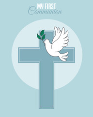Communion or baptism card. Cross and white dove