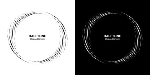 Halftone circle dotted frame circularly distributed set. Abstract dots logo emblem design element. Round border Icon using halftone circle dot texture. Half tone circular background pattern. Vector.