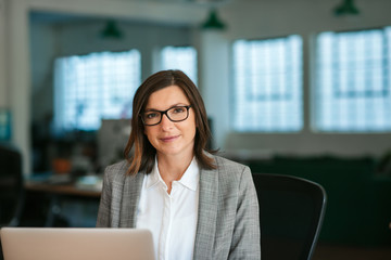 Smiling businesswoman working on her laptop in an office