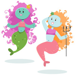 Cute vector cartoon mermaid character set isolated on white background.