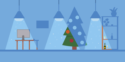 Christmas office background with workplace and decorated xmas tree. Vector cartoon flat illustration.
