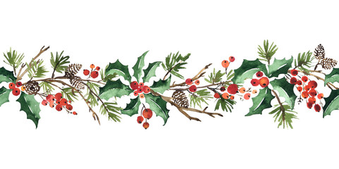 Christmas watercolor horizontal seamless pattern with holly berries, spruce and pine cones - 292859129