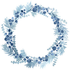 Watercolor Christmas wreath spruce and berries in navy blue color