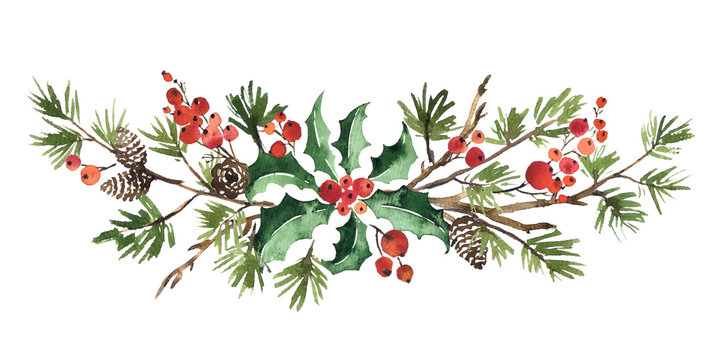 Christmas watercolor floral arrangement of holly leaves, red berries and spruce