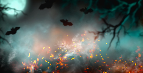Fantasy Halloween Background. Beautiful dark deep forest backdrop with smoke, fire, vampire bats....