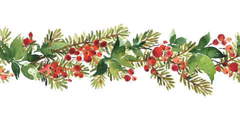 Christmas watercolor horizontal seamless pattern with holly berries, spruce branches and green leaves
