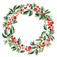 Watercolor wreath of spruce with holly berries and mistletoe for Christmas decoration - 292859521