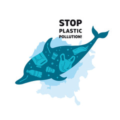 Web template Stop plastic pollution! Vector flat illustration for World Environment Day. A dolphin swims in garbage - plastic, glass, straw, bottle, canister. Harm to nature. Banner design.