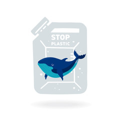 Template Stop plastic pollution! Vector flat illustration for World Environment Day. A whale swims in a plastic canister. Harm to nature. Poster design.