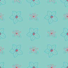 Vector orange blossom seamless pattern with blue and red flowers, leaves, turquoise background. Perfect for fabric, scrapbooking, wallpaper projects.