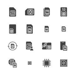 Sim card flat glyph icons set. Micro, nano simcard, new eSim technology, mobile phone chip vector illustrations. Black signs for electronic store. Silhouette pictogram pixel perfect 64x64