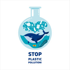 Stop plastic pollution! Vector flat illustration for World Environment Day. A whale swims in test tube with garbage - in sea are plastic bag, glass, straw, bottle, canisters. Design Harm to nature.