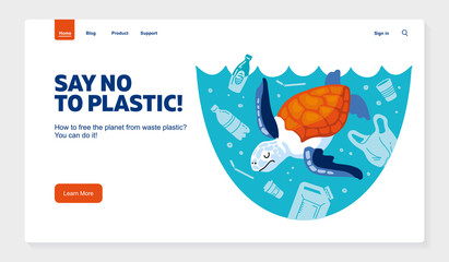 Website template No plastic! Vector flat illustration for World Environment Day. A sea turtle swims in sea with garbage - in water are plastic bag, glass, straw, bottle, canisters. Harm to nature.