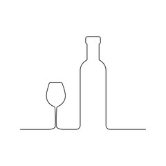 Wine and glass contour. Black outline vector. continious outline contour