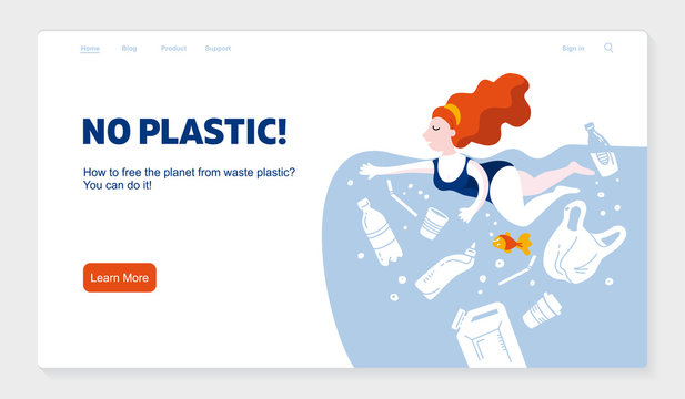 No plastic! Vector flat illustration for World Environment Day. A woman swims in sea with garbage - in water are plastic bag, glass, straw, bottle, canisters. Harm to nature. Design for banner, poster