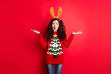 Photo of pretty wavy lady not satisfied with santa's deer role in costume party wear head horns...
