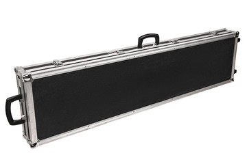 Large reliable plastic case with metal corners and wheels. Case for transporting weapons isolate on a white background.