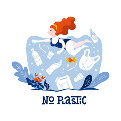 No plastic! Vector flat illustration for World Environment Day. A woman swims in sea with garbage - in water are plastic bag, glass, straw, bottle, canisters. Harm to nature. Design for banner, poster