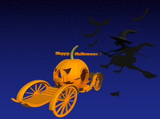 Halloween Cinderella 3D illustration. Pumpkin lantern carriage, flying witch and bats, starry night sky background. Collection.