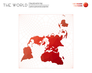 Abstract geometric world map. Peirce quincuncial projection of the world. Red Shades colored polygons. Trending vector illustration.