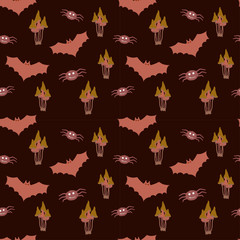  Seamless pattern: bats and toadstools for Halloween on a dark background. Illustration. Flat Vector.