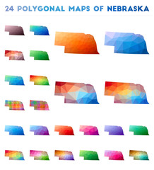 Set of vector polygonal maps of Nebraska. Bright gradient map of us state in low poly style. Multicolored Nebraska map in geometric style for your infographics.