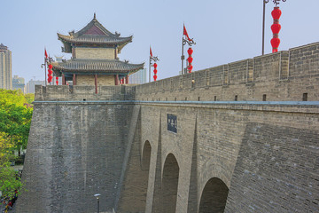 Side view of the archery tower with part of  the city wall of Xi'an
