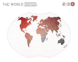 Abstract world map. Ginzburg VI projection of the world. Red Grey colored polygons. Stylish vector illustration.