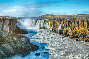 Splendid view of fantastic waterfall and cascades of Selfoss