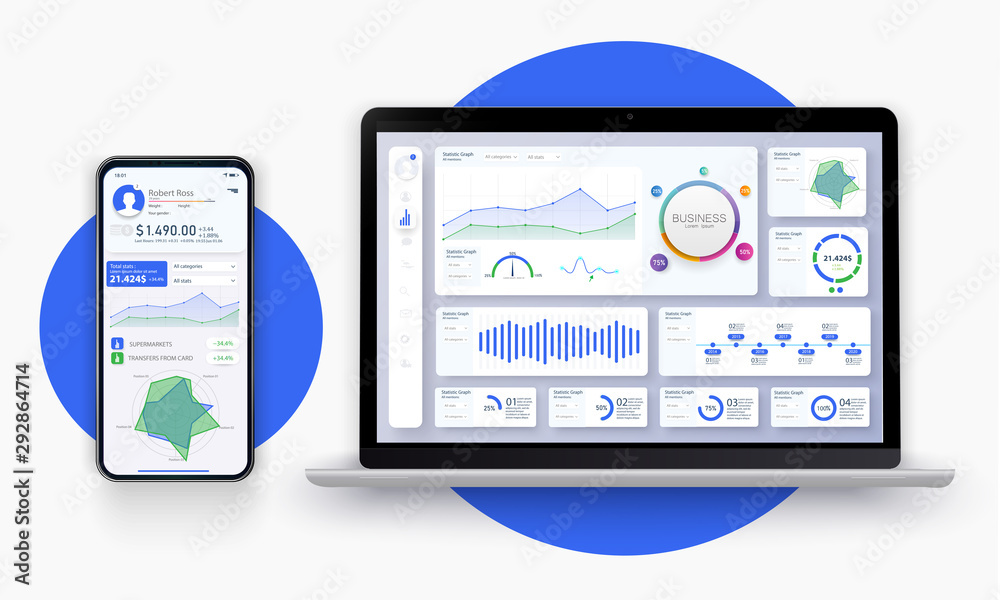 Poster Business app UI/UX with graph and analytics. Web page banner for presentation. Business infographic template. Big data concept Dashboard user admin panel template design. Analytics admin dashboard.
