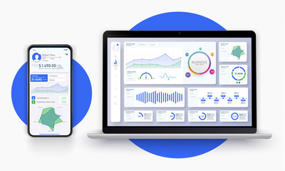 Business app UI/UX with graph and analytics. Web page banner for presentation. Business infographic template. Big data concept Dashboard user admin panel template design. Analytics admin dashboard.