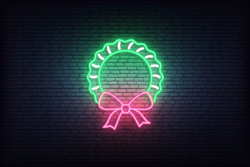 Wreath neon icon. Glowing Christmas winter holiday icon sign