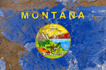 Montana grunge, damaged, scratch, old style state flag on wall.