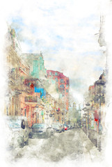 Digital illustration in watercolor style of narrow street of the old city in the center of Batumi, Georgia