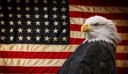 Zelfklevend Fotobehang American Bald Eagle - symbol of america -with flag. United States of America patriotic symbols. © Lukas Gojda