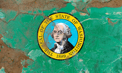 Fototapeta premium Washington grunge, damaged, scratch, old style state USA flag on wall.