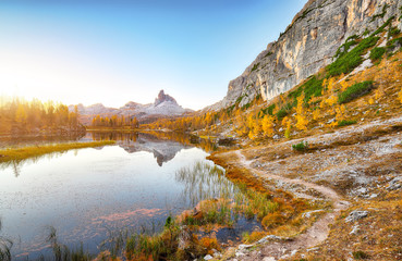 Fantastic autumn landscape. View on Federa Lake early in the morning at autumn