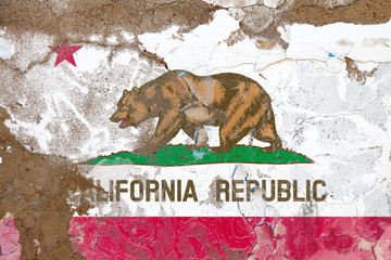 California grunge, damaged, scratch, old style state flag on wall.