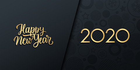 2020 New Year luxury holiday banner with gold handwritten inscription Happy New Year. Vector illustration.