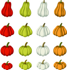 Set of the different form and color pumpkin cartoon style, vector illustration. elements for autumn decoration