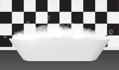 Realistic white bathtub with foam. Bathroom vector illustration.