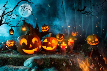Fotobehang Halloween pumpkins on dark spooky forest with blue fog in background. © Lukas Gojda