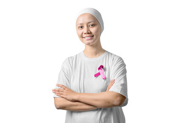 Asian woman in a white shirt with pink ribbon