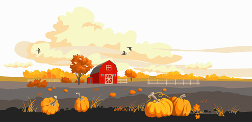 Red barn on a fild autumn illustration
