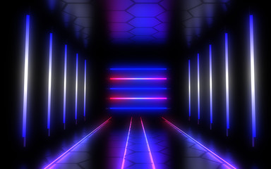 abstract architecture tunnel with neon light. 3d illustration