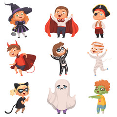 Halloween costumes. Kids scary at party trick or treat vampire zombie witch vector characters. Illustration evil ghost and horror costume pirate and mumia