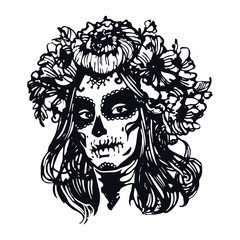 Sugar skull  girl. Santa muerte face. Woman with halloween make up and rose wreath. Black and white Hand drawn stock vector illustration, tattoo sketch isolated on white background.