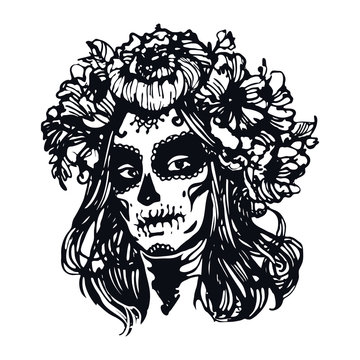 Sugar skull  girl. Santa muerte face. Woman with halloween make up and rose wreath. Black and white Hand drawn stock vector illustration, tattoo sketch isolated on white background.