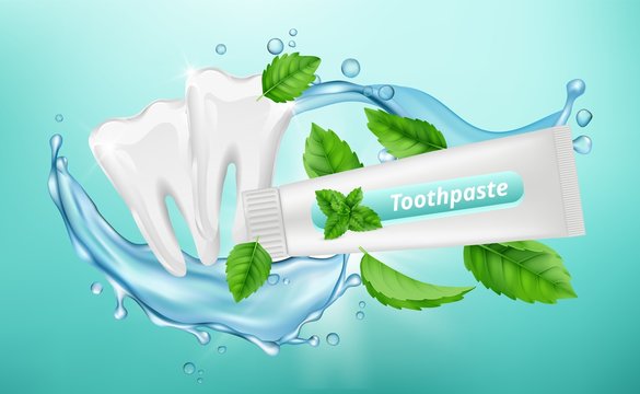 Toothpaste background. Dental poster design. Mint herbal toothpaste, white clean teeth vector banner. Mint dental antibacterial whitening toothpaste illustration