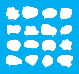 White bubbles talk. Speech bubbles different shapes on blue background comment clouds shouting voice vector pictures. Comic bubble talk and communication, cloud communicate speak illustration